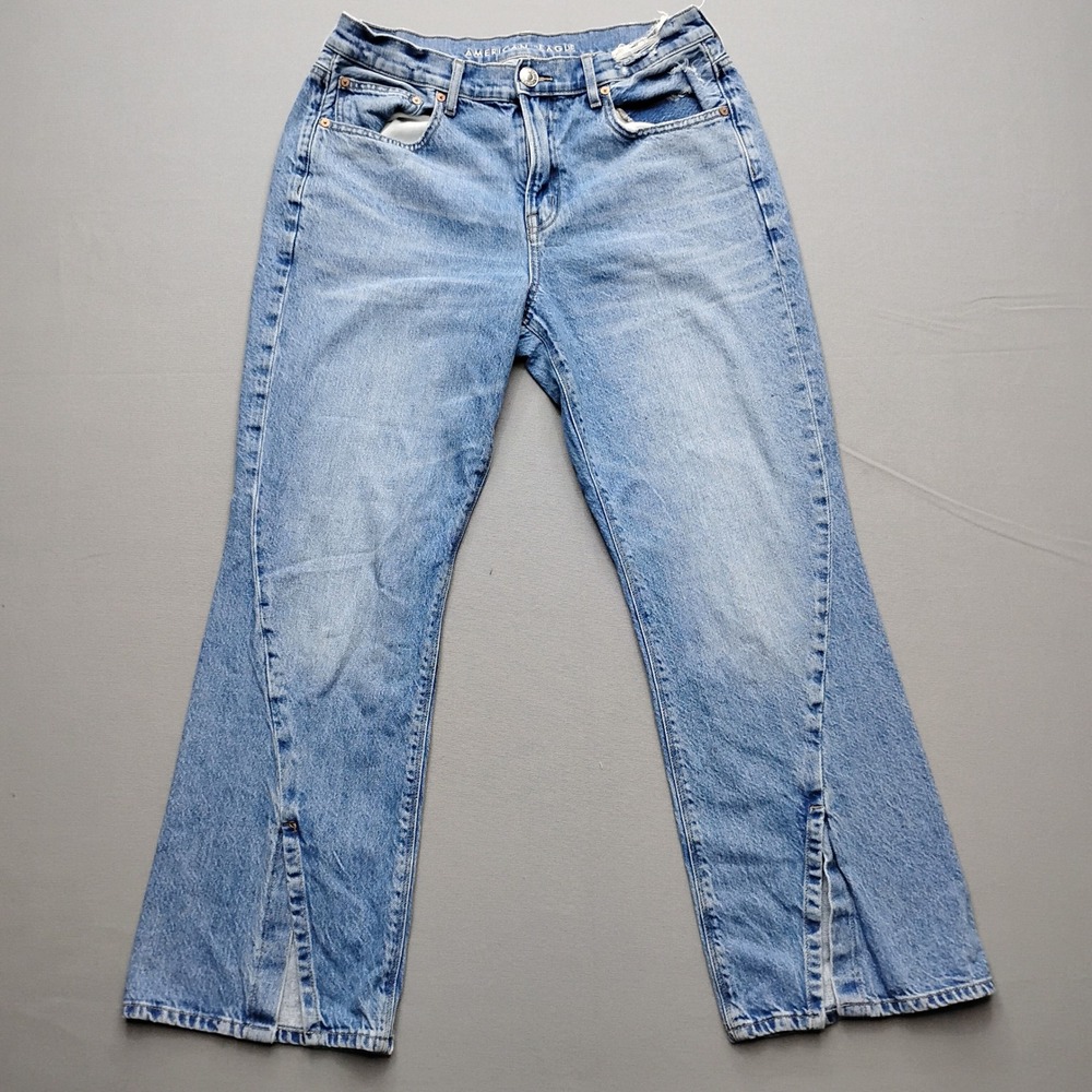 American Eagle 90s Bootcut Jeans Women 12 Short Light Wash Distressed Split Hem